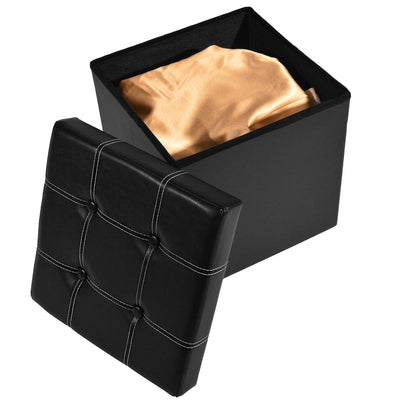 4 of 6:Collapsible Tufted Storage Ottoman, Black Faux Leather, 15x15x15 Inches 