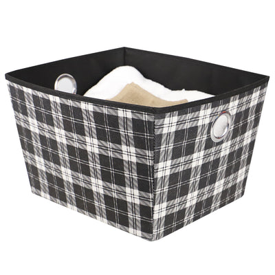 3 of 4:Grand bac de rangement ouvert non tissé Home Basics Plaid avec poignées à œillets, noir 