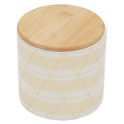 1 of 4:Home Basics Recipiente de cerámica pequeño con rayas de diamante y tapa de bambú 