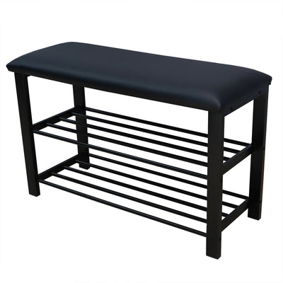 1 of 4:Home Basics Cushioned Storage Bench with 2 Tier Steel Shoe Rack, Black 