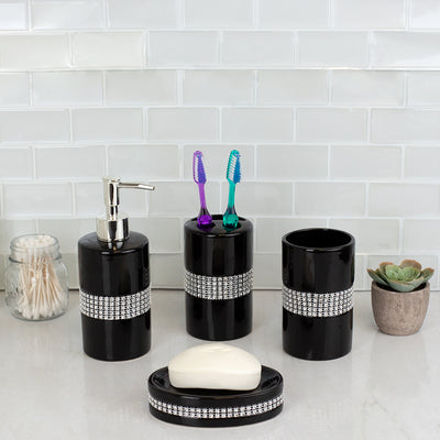 4 of 6:Ensemble d'accessoires de bain de luxe Home Basics, 4 pièces, avec de superbes paillettes, noir 