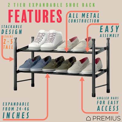 2 of 6:PREMIUS 2-Tier Expandable Shoe Rack, Black, 29x12x16.5 Inches 