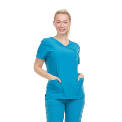 9 of 25:Heal Wear 4-Way Stretch Mock Wrap Women's Medical Scrub Top 
