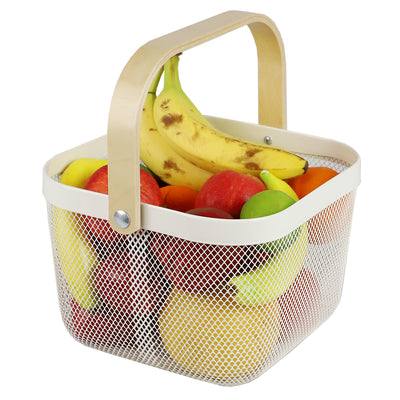 1 of 4:Home Basics Cesta de alambre de malla con mango de madera, color marfil 