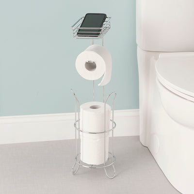 4 of 6:Home Basics Free Standing Dispensing Toilet Paper Holder with Built-in Accessory Tray, Silver 