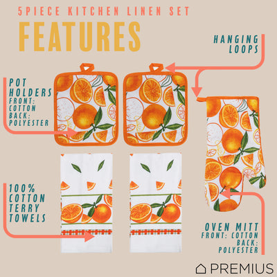 18 of 61:PREMIUS 5 Piece Printed Kitchen Linen Set, 2 Cotton Towels, 2 Pot Holders, 1 Oven Mitt 