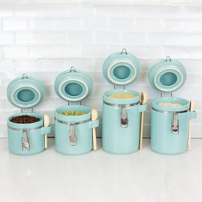 4 of 6:Ensemble de 4 boîtes en céramique Home Basics avec cuillères en bois, turquoise 