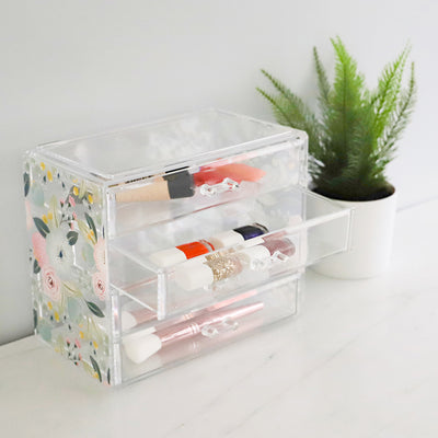 4 of 4:Organiseur de cosmétiques en plastique à 4 tiroirs Home Basics Floral, transparent 