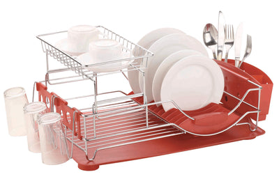 1 of 5:Home Basics 2 Tier Deluxe Chrome Dish Rack Drainer, Red, 20x13x10 Inches 