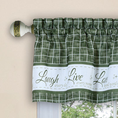2 of 3:Juego de cenefa y par de cortinas para ventana Live, Love, Laugh - 58x24 - Verde 
