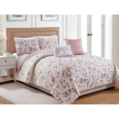 2 of 2:Rose Garden Oversized 5-Piece Reversible Quilt Set, Pink 