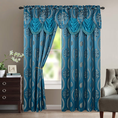 1 of 1:Aurora Tree Leaf Jacquard Panel de ventana con cenefa adjunta, azul, 54 x 84 pulgadas 