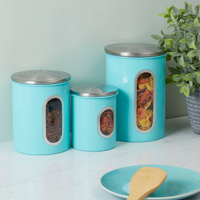 4 of 4:Home Basics 3 Piece Stainless Steel Top Canisters with Windows, Turquoise 