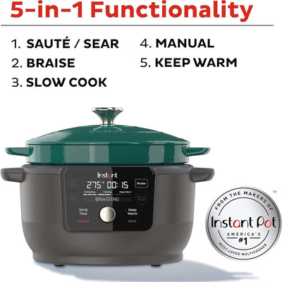 3 of 7:Instant 5-in-1 Electric Round Enameled Cast Iron Dutch Oven, 6-Quart 1500W, Green 