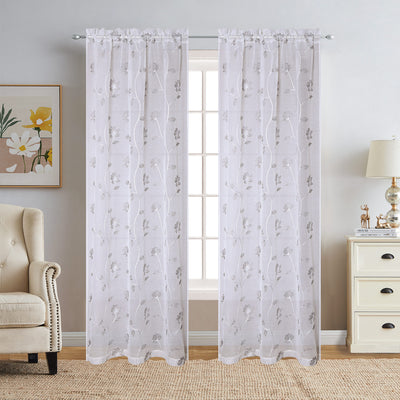2 of 3:Debra 2 Piece Floral Embroidered Rod Pocket Window Panels, 38x84 Inches 