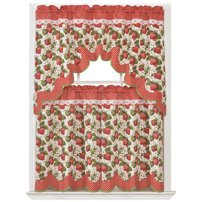 1 of 1:Marin Strawberry Printed Kitchen Curtain Set, Red and Cream, Swag Valance 60x36, Tier 30x36 Inches 