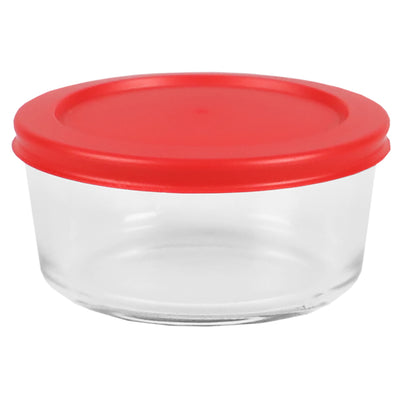 1 of 4:Récipient rond en verre borosilicaté Home Basics de 473 ml avec couvercle rouge 