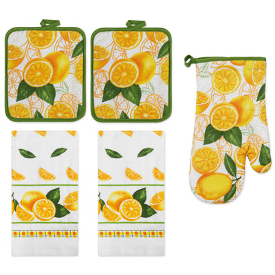 1 of 61:PREMIUS 5 Piece Printed Kitchen Linen Set, 2 Cotton Towels, 2 Pot Holders, 1 Oven Mitt 