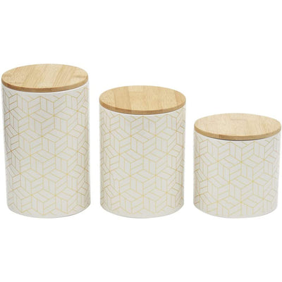 1 of 7:Ensemble de 3 boîtes en céramique Home Basics Cubix avec couvercle en bambou, blanc 