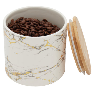 3 of 3:Petit pot en céramique effet marbre Home Basics avec couvercle en bambou, blanc 