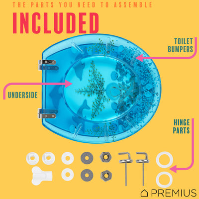 5 of 7:Siège de toilette PREMIUS en polyrésine motif dauphins, bleu transparent, rond standard, 43 cm 