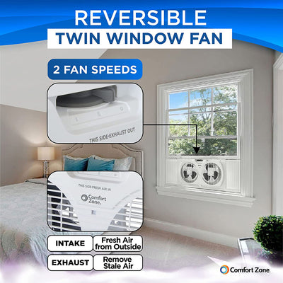 3 of 9:Ventilateur de fenêtre double Comfort Zone avec flux d'air réversible, pale de 7 pouces, blanc 