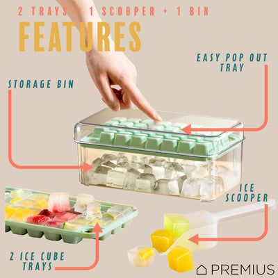 2 of 7:PREMIUS 2 Tray Ice Cube Tray with Container and Scoop, Green-Clear 