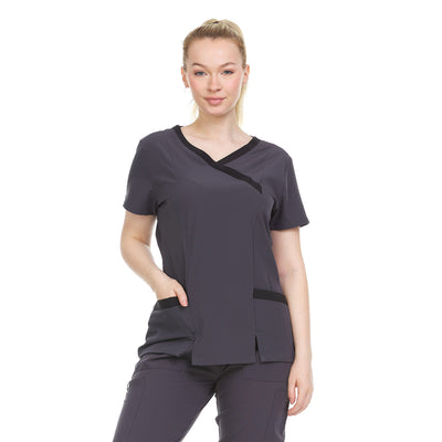 17 of 28:Heal Wear 4-Way Stretch Contrast Mock Wrap Women's Scrub Top 
