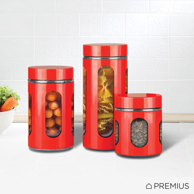 2 of 4:Premius Airtight 3-Piece Kitchen Glass Canister Set, Red 
