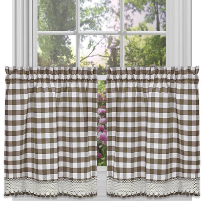 3 of 3:Buffalo Check Gingham Kitchen Curtain Separates, Taupe, 58x14 & 58x36 Inches 