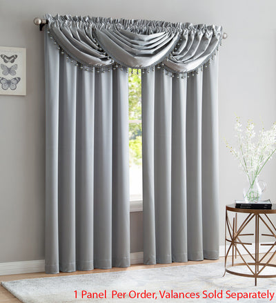 3 of 3:Bridget Crushed Satin Rod Pocket Panel and Waterfall Valance Window Treatments, Silver 