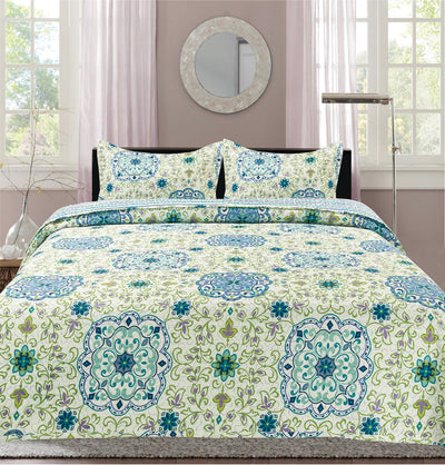 4 of 6:Premius Mary Damask Printed Reversible Quilt Set, Green 