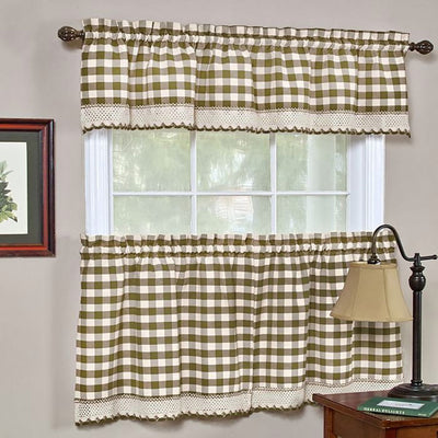 1 of 3:Buffalo Check Gingham Kitchen Curtain Separates, Taupe, 58x14 & 58x36 Inches 