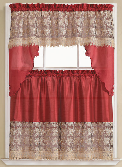 1 of 1:Juego de cortinas de cocina de macramé bordadas Freida, color burdeos, nivel 30 x 36, cenefa de 60 x 36 pulgadas 