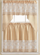 1 of 1:Freida Embroidered Macrame Kitchen Curtain Set, Beige, Tier 30x36, Valance 60x36 Inches 