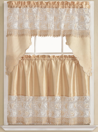 1 of 1:Freida Embroidered Macrame Kitchen Curtain Set, Beige, Tier 30x36, Valance 60x36 Inches 