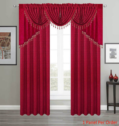 1 of 3:Angelina Jacquard Rose Design Rod Pocket Window Panel, Valance and Swag Treatments, Red 