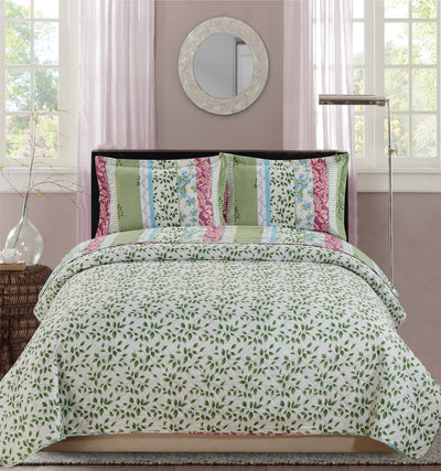 2 of 6:Premius Devina Leaf Printed Reversible Quilt Set, Green 