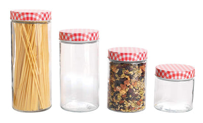 1 of 7:Anchor Hocking Lot de 4 bocaux cylindriques en verre avec couvercles à carreaux vichy, transparents et rouges 