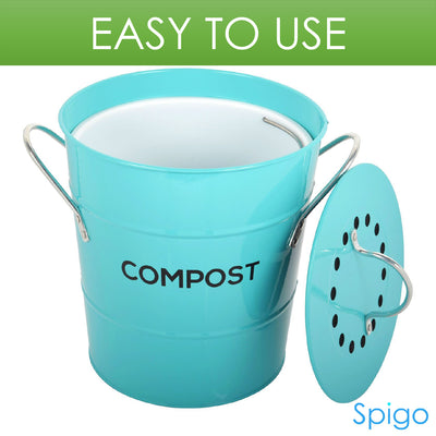 2 of 8:Spigo Steel Kitchen Compost Bin With Vented Charcoal Filter and Bucket, Turquoise, 1 Gallon 