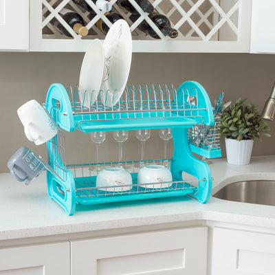 5 of 7:Home Basics 2 Tier Plastic Dish Drainer, Turquoise 