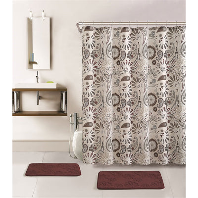 1 of 1:Zena 15 Piece Embossed Memory Foam Bathroom Mats and Shower Curtain Set, Brown 