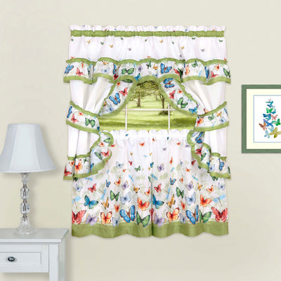 3 of 3:Juego de cortinas de cocina con estampado de mariposas, 3 piezas, verde, 57 x 36 pulgadas 