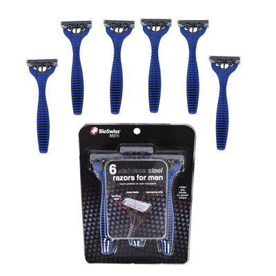 1 of 1:BioSwiss 3-Blade Stainless Steel Razors for Men, Blue, 6 Count 