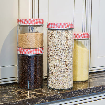 3 of 7:Anchor Hocking Lot de 4 bocaux cylindriques en verre avec couvercles à carreaux vichy, transparents et rouges 