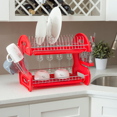5 of 5:Home Basics 2-Tier Plastic Dish Drainer, Red, 22x11x13.5 Inches 