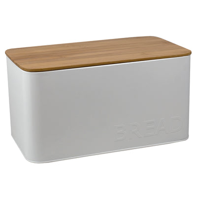 2 of 4:Boîte à pain en fer blanc Home Basics avec couvercle en bambou, blanche, 33,8 x 19 x 17,6 cm 