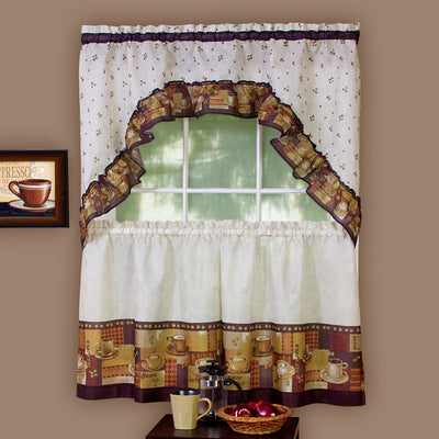1 of 2:Coffee Printed Tier and Swag Kitchen Curtain Set, 57x24 Inches, Multi 
