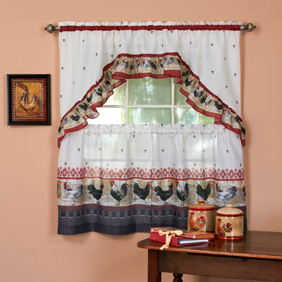 1 of 2:Rooster Printed Tier and Swag Kitchen Curtain Set, 57x24 Inches, Burgundy 