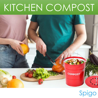 3 of 8:Composteur de cuisine en acier Spigo avec filtre à charbon ventilé et seau, rouge, 1 gallon 